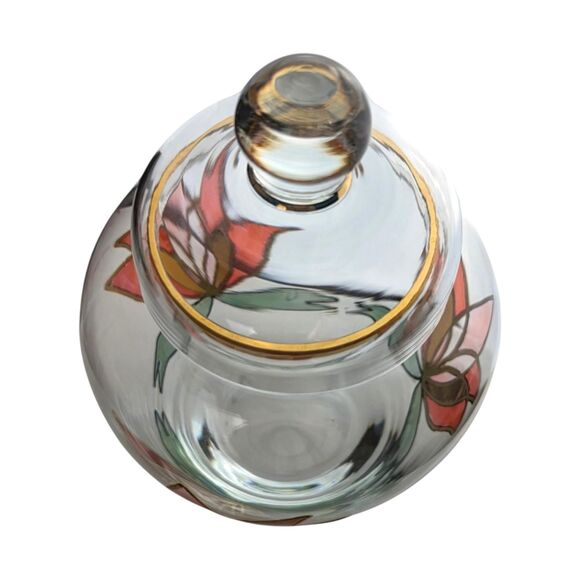 Vintage Lotus Art Glass Jar: Hand-Painted Floral Lidded Bowl - Picture 4 of 6